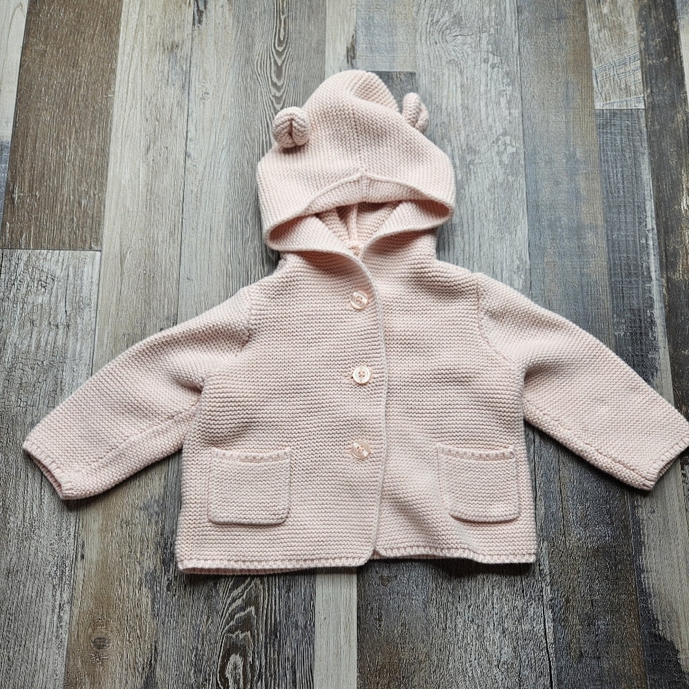 Baby Gap Garter Sweater Milkshake Pink 6-12 Months Hooded Cardigan Buttons